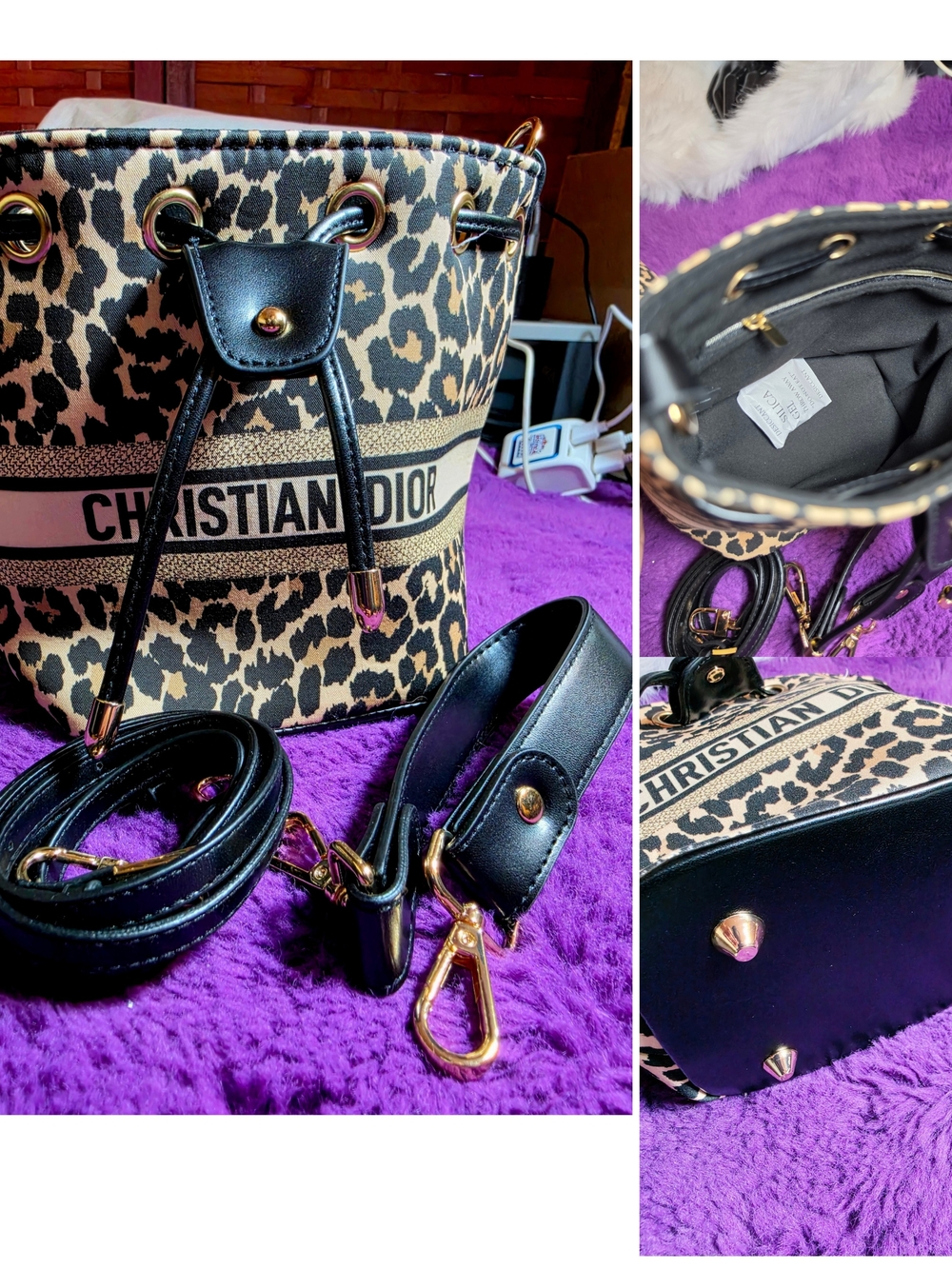 Leopard Print Drawstring Bucket Bag in Black & Beige(GWP)